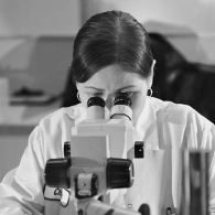 Flexible circuit inspection bw A fabrication technician inspects a high density flexible circuit under a microscope
